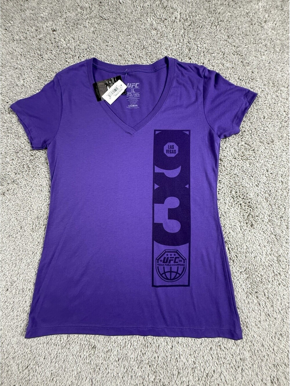 UFC Las Vegas Women's V-Neck T-Shirt Purple "Focus Fuels Champions" Size L NWT